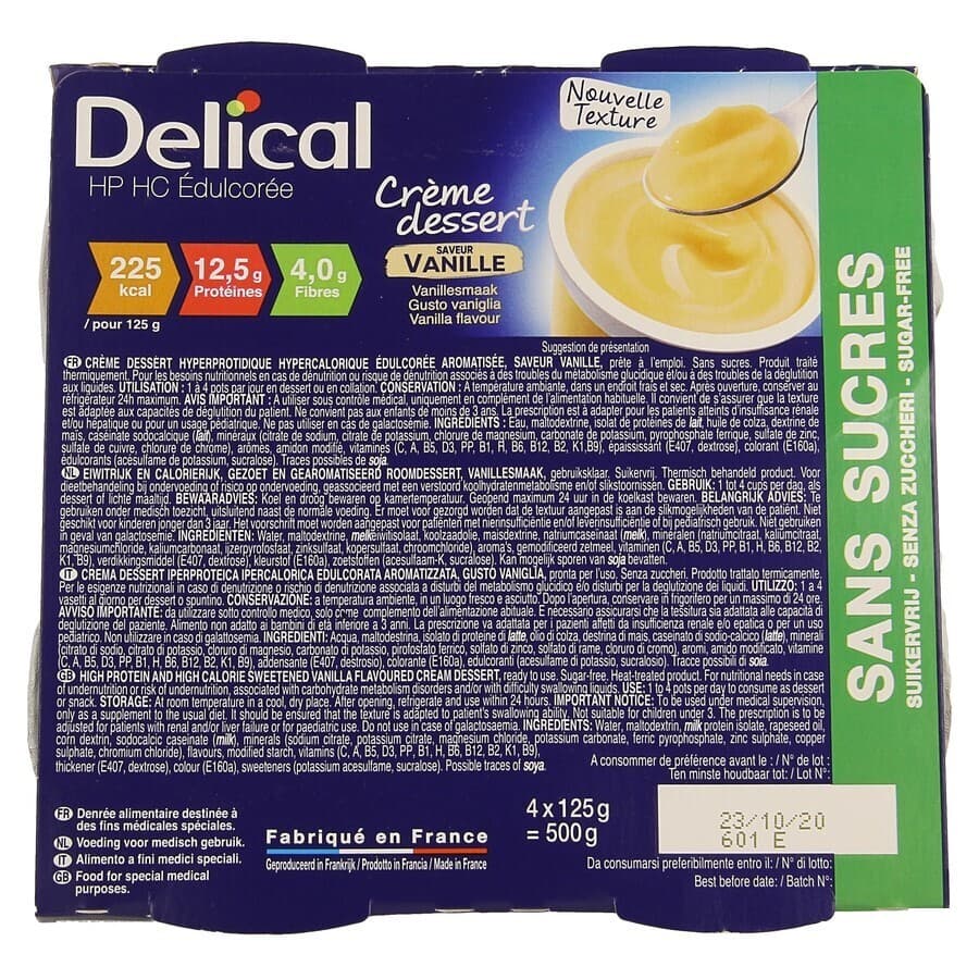 Delical Creme Dessert Hp-hc Z/suik. Vanille 4x124g