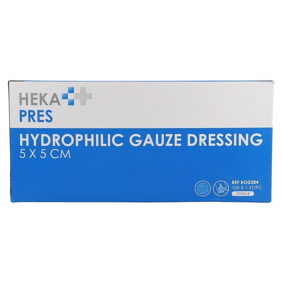 Hekapres Compr.gaze Hydroph.ster. 5x5cm 12pl 1x100