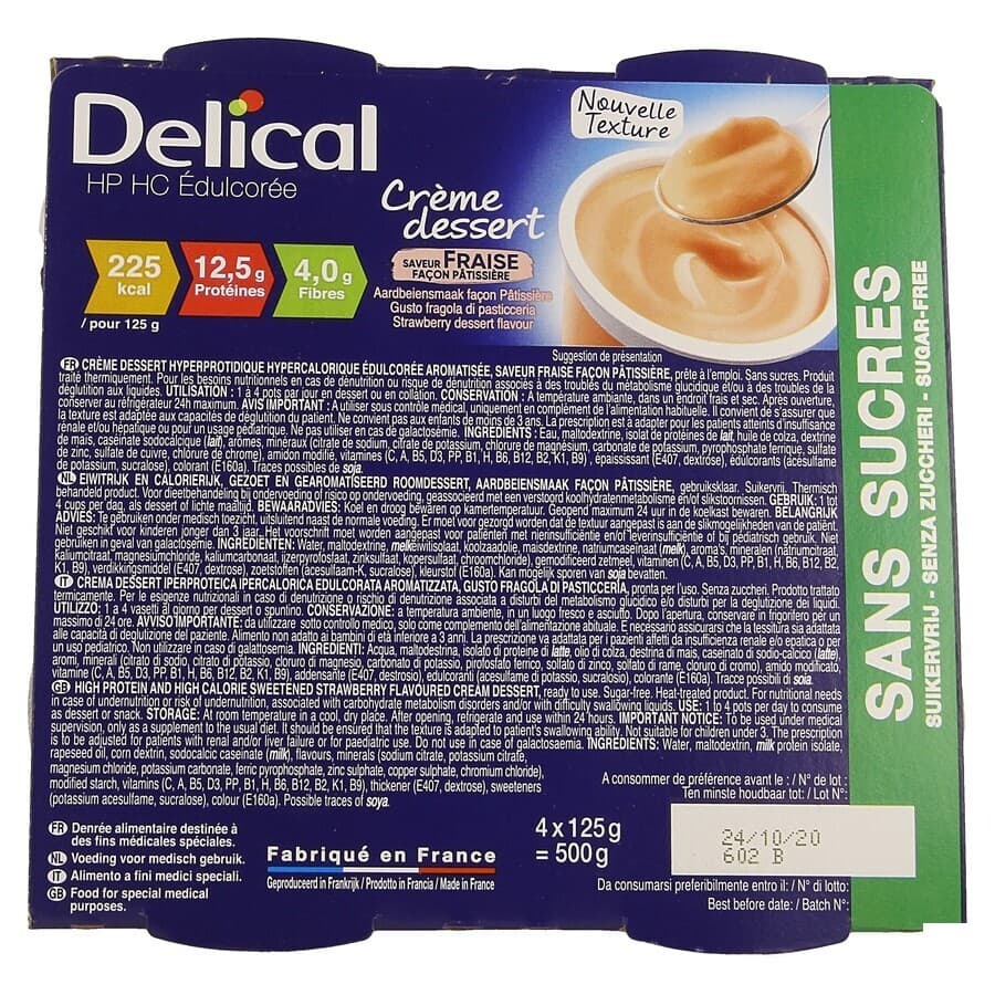 Delical Creme Dessert Hp-hc Z/suik. Aardbei 4x124g